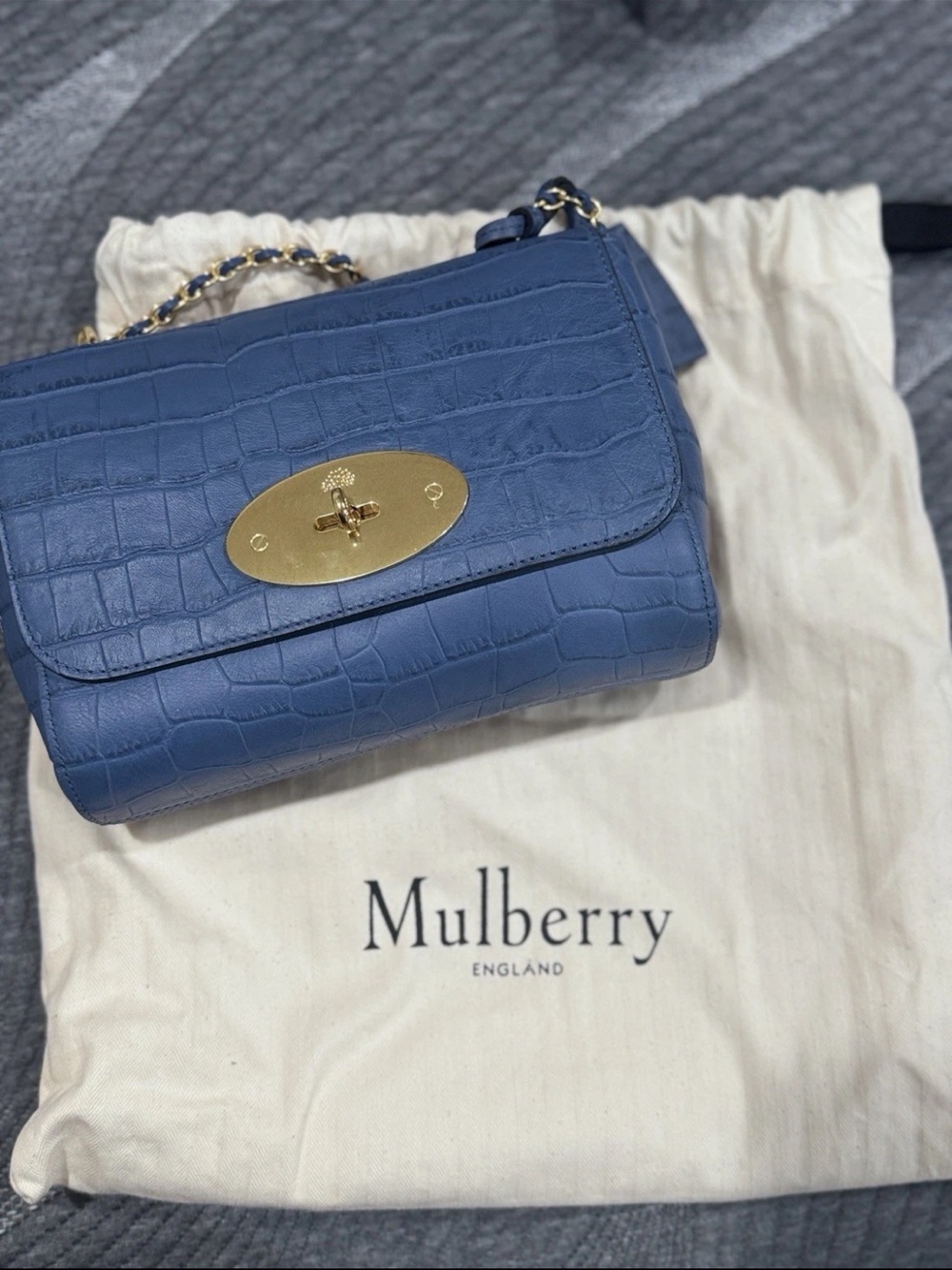 Mulberry Blue Croc-Embossed Leather Crossbody with Gold Hardware